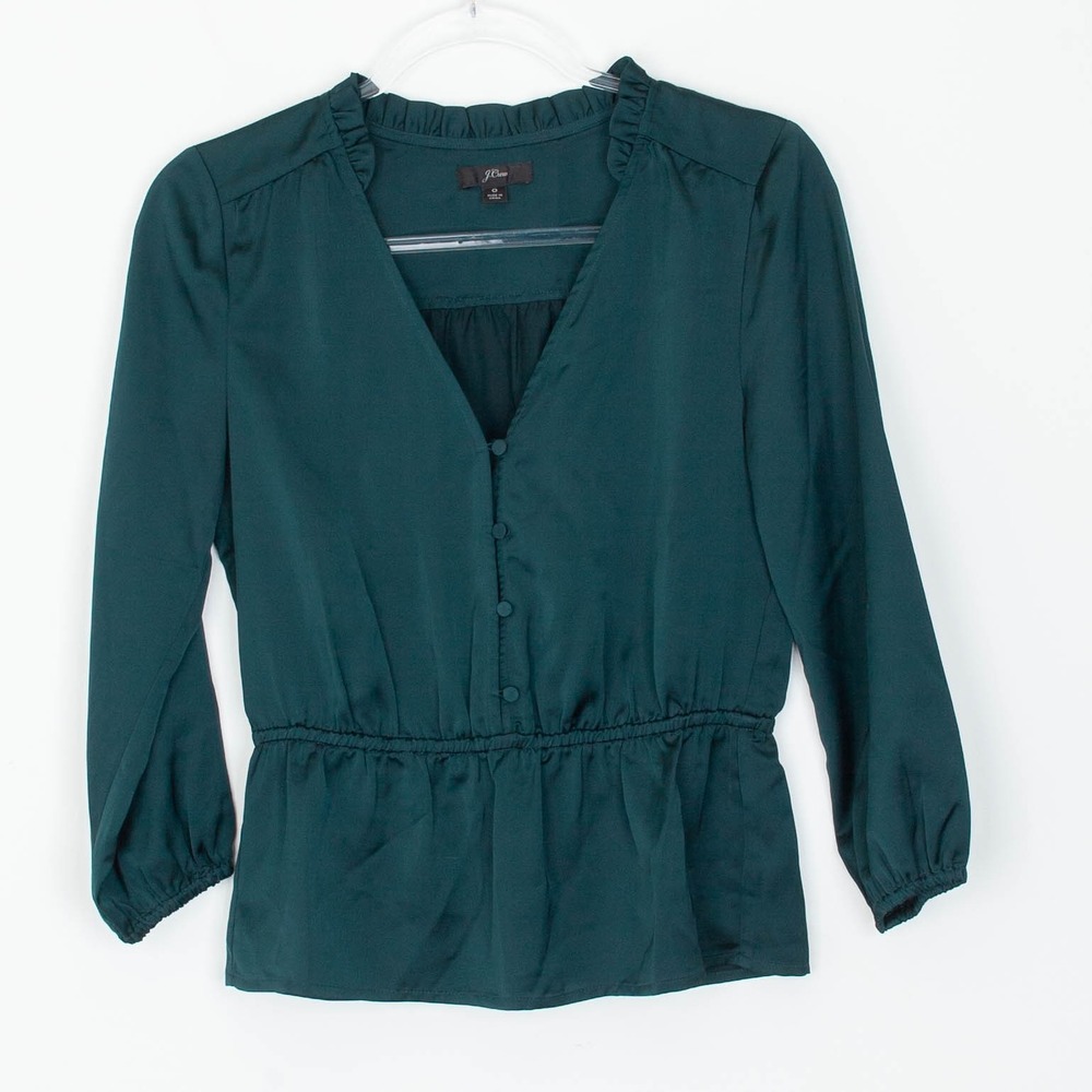 J. Crew Womens Peplum Blouse V Neck Ruffle‎ Collar Button Front Size 0 Green